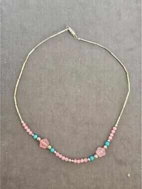 Silver, Pink, And Blue Beaded Necklace